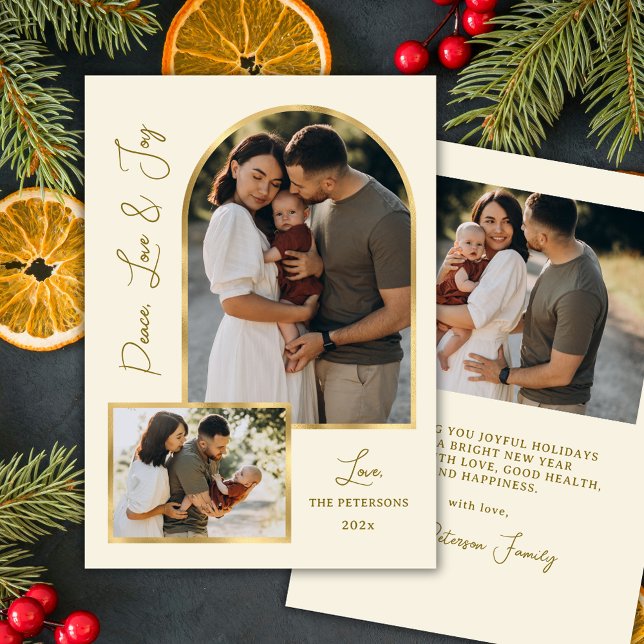 Cartes Pour Fêtes Annuelles Modern Peace Love Joy Script Gold Arch 3 Photo  (Créateur téléchargé)