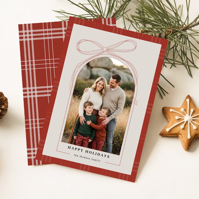 Cartes Pour Fêtes Annuelles Modern Red Plaid Bow Family Arch Photo Christmas (Créateur téléchargé)