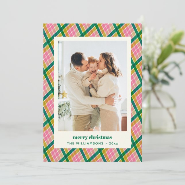 Cartes Pour Fêtes Annuelles Modern Retro Pink Green Plaid Christmas Photo (Debout devant)
