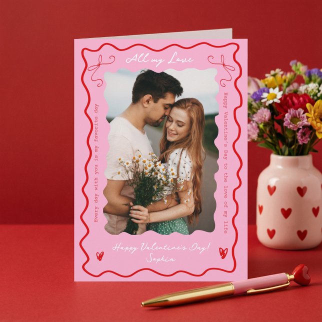 Cartes Pour Fêtes Annuelles Modern Retro Wavy Pink Red Couple Photo Valentines (Modern Retro Wavy Pink Red Couple Photo Valentines Holiday Card)