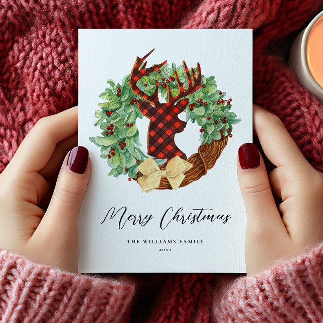 Cartes Pour Fêtes Annuelles Modern Rustic Deer Christmas Wreath Non-Photo (Modern Rustic Deer Christmas Wreath Holiday Card)
