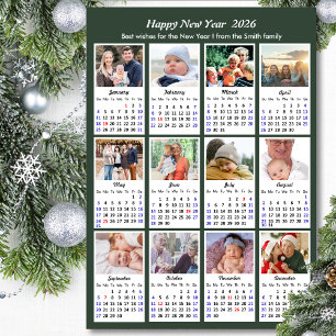 Cartes Pour Fêtes Annuelles Modern Sage Green 2025 Calendrier 12 Photo Collage