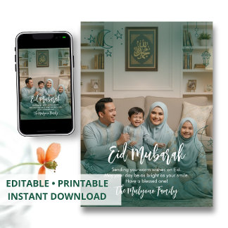 Cartes Pour Fêtes Annuelles Modern Teal Overlay Family Photo Eid Mubarak Card