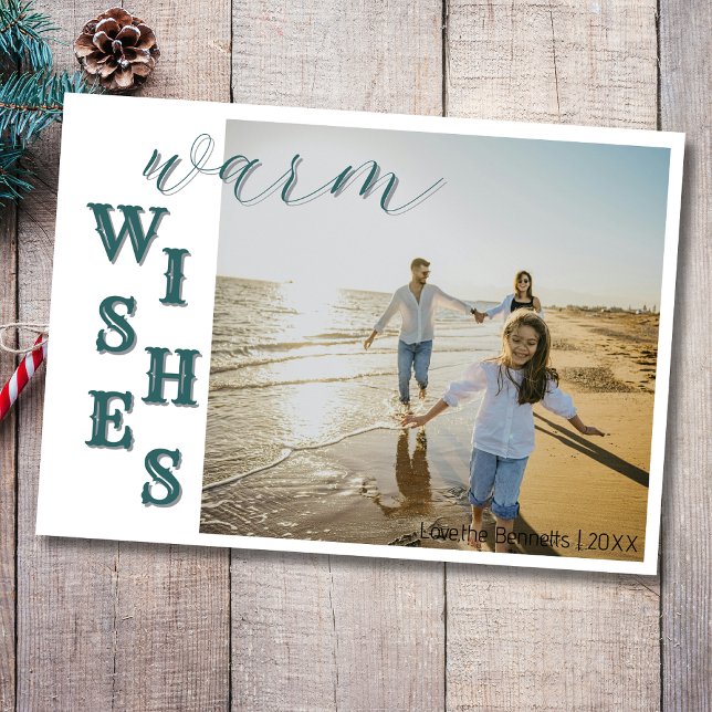 Cartes Pour Fêtes Annuelles Modern Teal Warm Wishes Two Beach Family Photo (Créateur téléchargé)