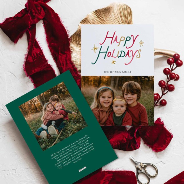 Cartes Pour Fêtes Annuelles Modern Typography Happy Holidays Two Photo Card (Minimal Modern Happy Holidays Photo Christmas Card)