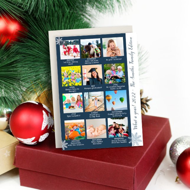 Cartes Pour Fêtes Annuelles Modern What A Year 12 Photo Collage Bleu Noël (Modern What A Year 12 Photo Collage Blue Christmas Holiday Card
)
