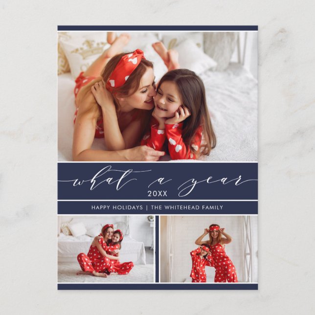 Cartes Pour Fêtes Annuelles Modern What a Year Navy Blue 3 Photo Collage (Devant)