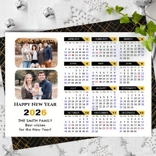 Cartes Pour Fêtes Annuelles Moderne 2026 Calendrier Famille 2 Photo Black Gold