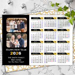 Cartes Pour Fêtes Annuelles Moderne 2026 Calendrier Famille 2 Photo Black Gold