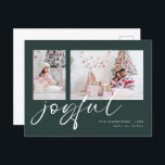Cartes Pour Fêtes Annuelles Moderne 2 Photo Joyeux Script Noël Vert<br><div class="desc">Moderne 2 Photo Joyeux Script Noël Vert foncé. Remplacez simplement les deux exemples de photos par vos propres et personnalisez-les avec vos noms. Joyful est dans un jeu élégant script set en blanc qui peut être changé en une autre couleur si vous le souhaitez.</div>
