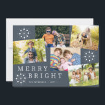 Cartes Pour Fêtes Annuelles Moderne 5 photo collage flocons de neige marine No<br><div class="desc">Simple design tendance 5 photos personnalisées typographie chic et flocons de neige blanc Merry & Bright bleu marine modèle de carte de vacances. Facile à personnaliser avec vos photos et votre nom de famille.</div>