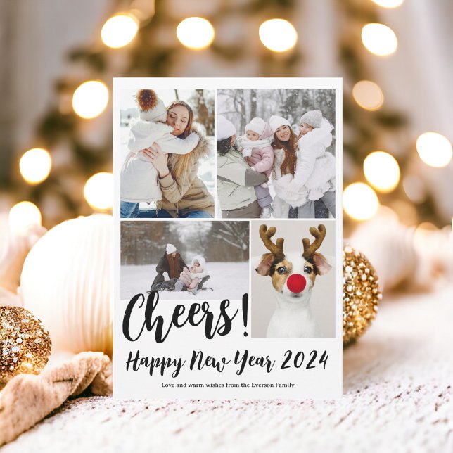 Cartes Pour Fêtes Annuelles Moderne 5 photos applaudissent Bonne année 2024 (Modern 5 photos cheers Happy new year 2024 Holiday Card)