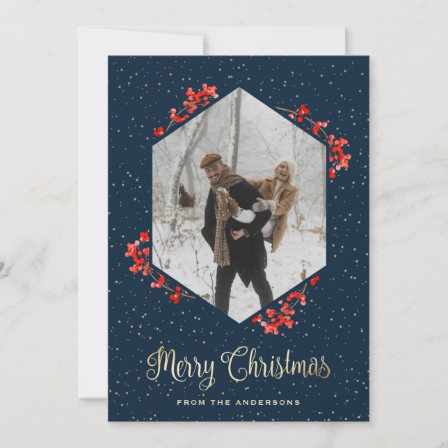 Cartes Pour Fêtes Annuelles Moderne Bleu Neige Rouge Berries Photo Noël (Devant)