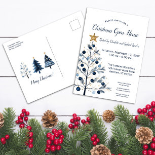 Cartes Pour Fêtes Annuelles Moderne Blue and Gold Christmas Tree Open House