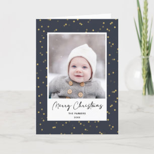 Cartes Pour Fêtes Annuelles Moderne Blue Gold Star Bokeh Overlay Minimaliste