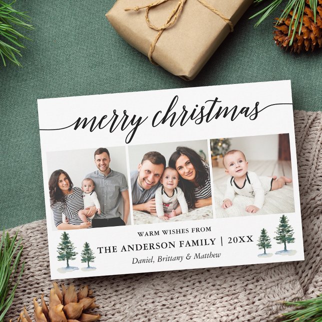 Cartes Pour Fêtes Annuelles Moderne Calligraphie Pins Joyeux Noël 3 Photo (Customize to add text to back of card.)