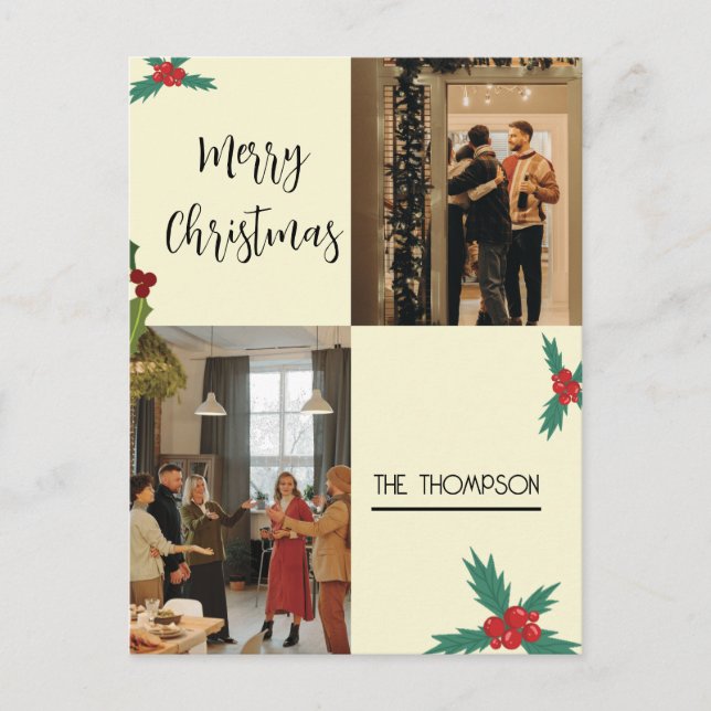 Cartes Pour Fêtes Annuelles Moderne Chic Holly Berries 2 Photo Joyeux Noël (Devant)