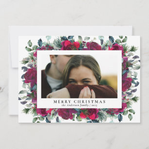 Cartes Pour Fêtes Annuelles Moderne Élégant Fleur Rouge Photo Joyeux Noël