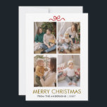 Cartes Pour Fêtes Annuelles Moderne Élégant Minimaliste Joyeux Noël 4 Photo<br><div class="desc">"Célébrez la saison avec cette carte de vacances élégante avec un design de typographie dorée stylée et un charmant accent de nœud rouge. Ce modèle de collage photo moderne à quatre photos vous permet de mettre en valeur les moments préférés de votre famille dans une mise en page propre et...</div>