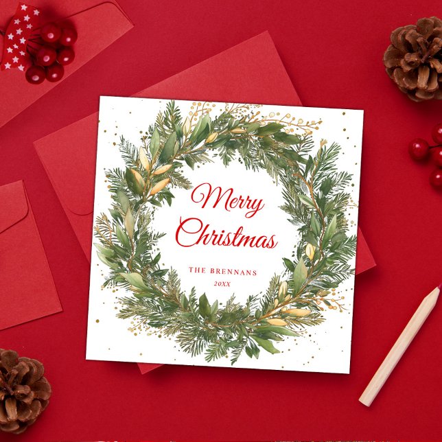 Cartes Pour Fêtes Annuelles Moderne Elégant Noël Botanique Verdure Wreath (Modern Elegant Christmas Botanical Greenery Wreath Holiday Card)