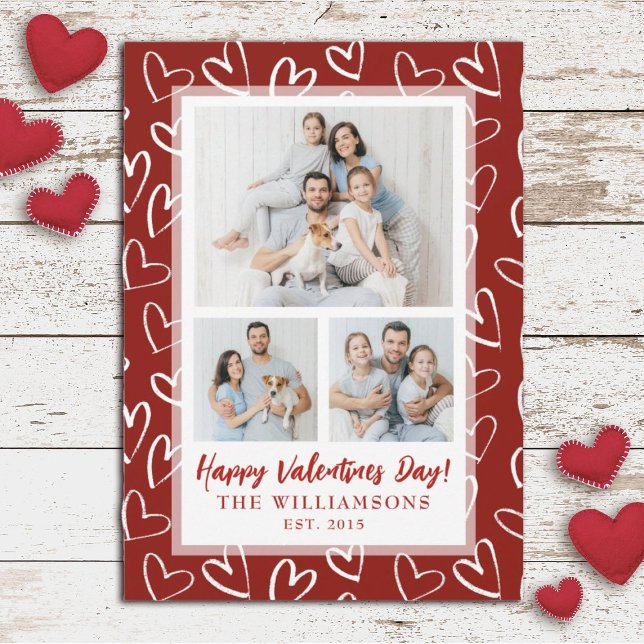 Cartes Pour Fêtes Annuelles Moderne et élégant Valentines Jour Famille Photo V (A modern 3 photo collage Valentine's Day card. Personalize it with your photos.)
