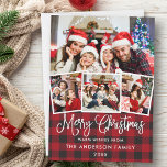 Cartes Pour Fêtes Annuelles Moderne Fun Calliage 4 Photo Noël Rouge Plaid<br><div class="desc">Calligraphie moderne Script 4 Photo Joyeux Noël Carte de famille - Rouge</div>