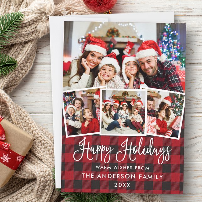Cartes Pour Fêtes Annuelles Moderne Fun Calliage 4 Photo Red Plaid Holiday (Customize to add text to back of card.)