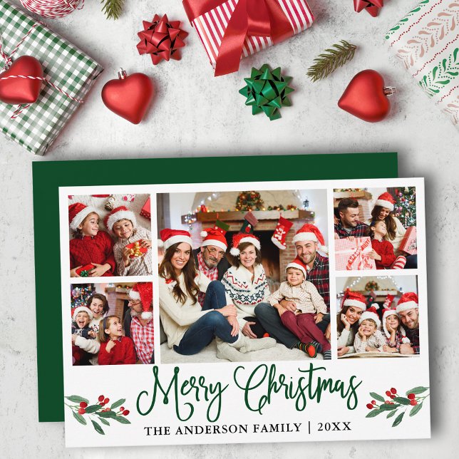 Cartes Pour Fêtes Annuelles Moderne Fun Calliage 5 Photo Christmas Green (Customize to add text to back or to change color of back of card.)