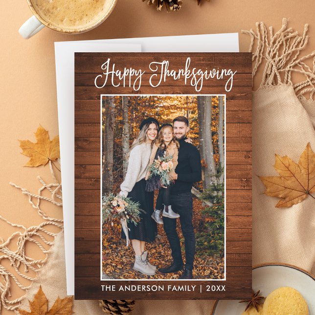 Cartes Pour Fêtes Annuelles Moderne Fun Calliage Photo Wood Thanksgiving (Customize to add more text or photos to back of card.)