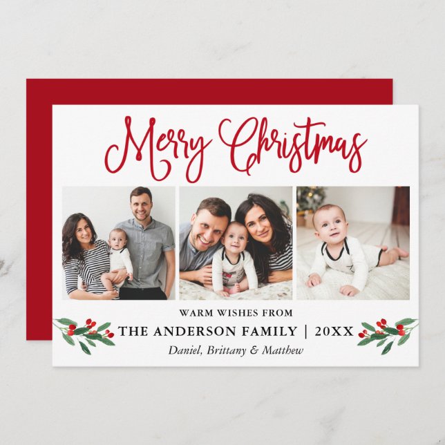 Cartes Pour Fêtes Annuelles Moderne Fun Calligraphie 3 Photo Christmas Holly R (Devant / Derrière)