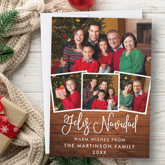Cartes Pour Fêtes Annuelles Moderne Fun Calligraphie Bois 4 Photo Feliz Navida (Customize to add text to back of card.)