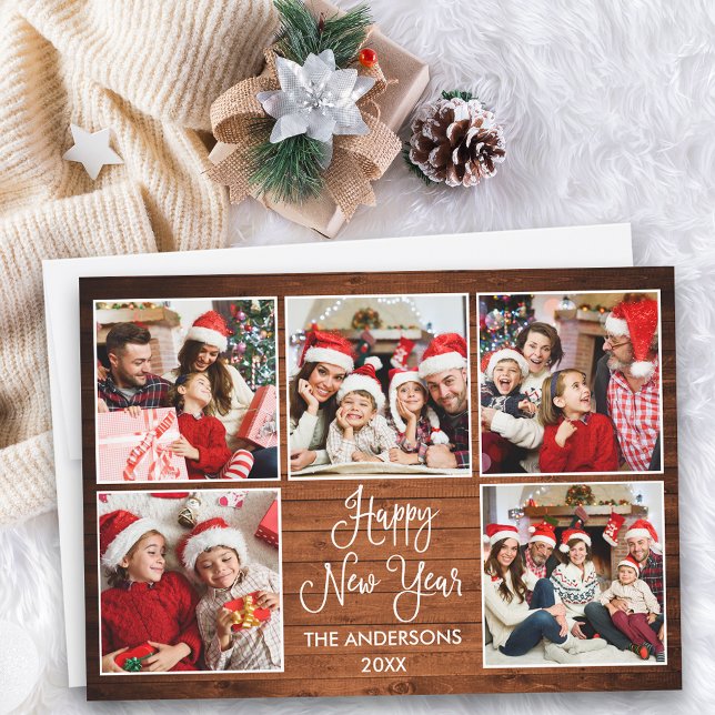 Cartes Pour Fêtes Annuelles Moderne Fun Calligraphie Bois 5 Photo Nouvel An (Customize to add text to back of card.)