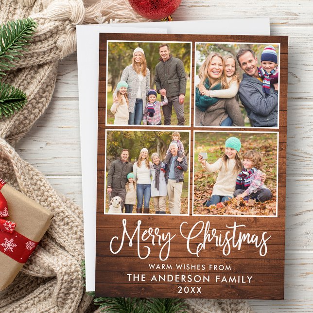 Cartes Pour Fêtes Annuelles Moderne Fun Calligraphie Noël Bois 4 Photos (Customize to add text to back of card.)