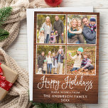Cartes Pour Fêtes Annuelles Moderne Fun Calligraphy Wood 4 Photos<br><div class="desc">Calligraphie moderne Script 4 Photo Happy Holidays Card - Rustic Country Wood</div>