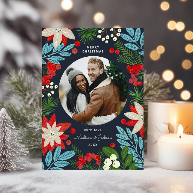 Cartes Pour Fêtes Annuelles Moderne Gras Floral Joyeux Noël Photo (Modern Bold Floral Merry Christmas Photo Holiday Card)