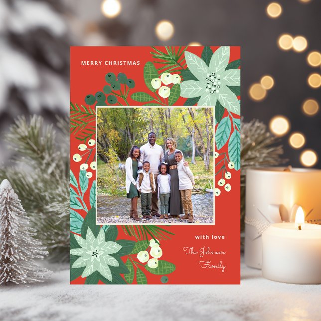 Cartes Pour Fêtes Annuelles Moderne Gras Floral Joyeux Noël Photo (Modern Bold Floral Merry Christmas Photo Holiday Card)