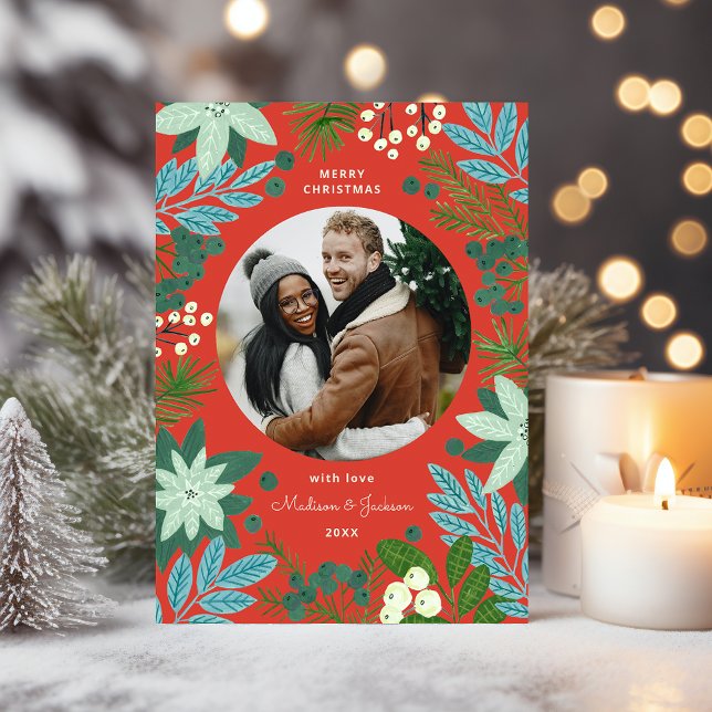 Cartes Pour Fêtes Annuelles Moderne Gras Floral Joyeux Noël Photo (Modern Bold Floral Merry Christmas Photo Holiday Card)