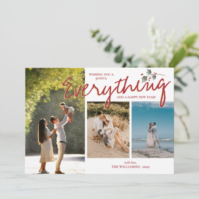 Cartes Pour Fêtes Annuelles Moderne Holly 3 Photo Rouge Vert Élégant Nouvelle  (Debout devant)