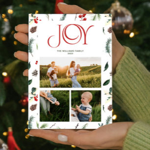 Cartes Pour Fêtes Annuelles Moderne Joy Red Berry Botanique 3 Photo Noël