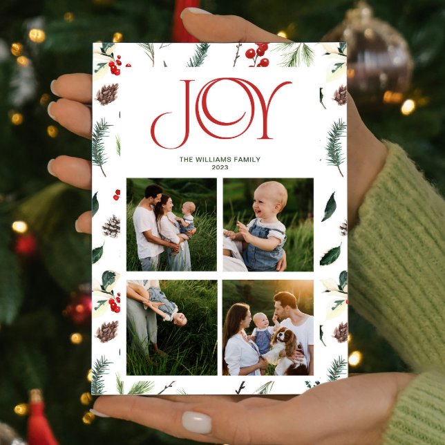 Cartes Pour Fêtes Annuelles Moderne Joy Red Berry Botanique 4 Photo Noël (Spread some cheer and share your favorite moments with this one-of-a-kind holiday card. )