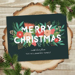 Cartes Pour Fêtes Annuelles Moderne Joyeux Noël Bold Floral Nom de famille<br><div class="desc">Envoyez ces cartes postales de Noël colorées pour encourager cette saison des Fêtes. Ils présentent divers éléments floraux / hivernaux (pin, feuille, fleurs, baies, bourgeons, pinecones et sprigs) dans un jeu de couleurs rouge orange, pêche, corail, aqua, turquoise, vert, brun et vert citron. La typographie moderne dit, "MERRY CHRISTMAS" en...</div>