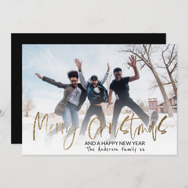 Cartes Pour Fêtes Annuelles Moderne Joyeux Noël Gold Calligraphie 1 Photo (Devant / Derrière)