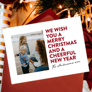 CARTES POUR FÊTES ANNUELLES MODERNE JOYEUX NOËL & NOUVELLE ANNÉE ROUGE NOIR BL