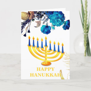 Cartes Pour Fêtes Annuelles Moderne Menorah Bleue et Dorée Hanukkah Joyeux Fê