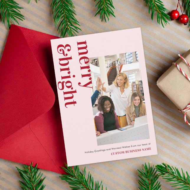Cartes Pour Fêtes Annuelles Moderne Merry & Bright Pink Red Team Photo Busines (Créateur téléchargé)