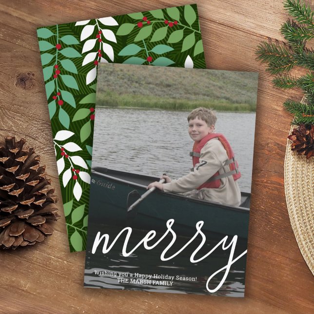 Cartes Pour Fêtes Annuelles Moderne Merry Calligraphie verticale Photo botaniq (Créateur téléchargé)