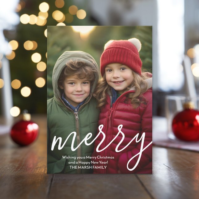 Cartes Pour Fêtes Annuelles Moderne Merry Calligraphie verticale Photo botaniq (Christmas Photo Card)