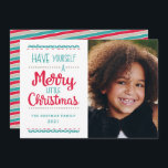 Cartes Pour Fêtes Annuelles Moderne Merry Little Christmas Cute Aqua Photo<br><div class="desc">Envoyez une bonne fête de Noël avec ces cartes photos colorés et modernes ! Ils présentent une typographie élégante et mignonne, en lisant "Ayez un Joyeux Petit Noël" en aqua, rouge, et bronzer sur un arrière - plan blanc. Le dos de la carte contient un motif de rayures diagonales coordonnées...</div>