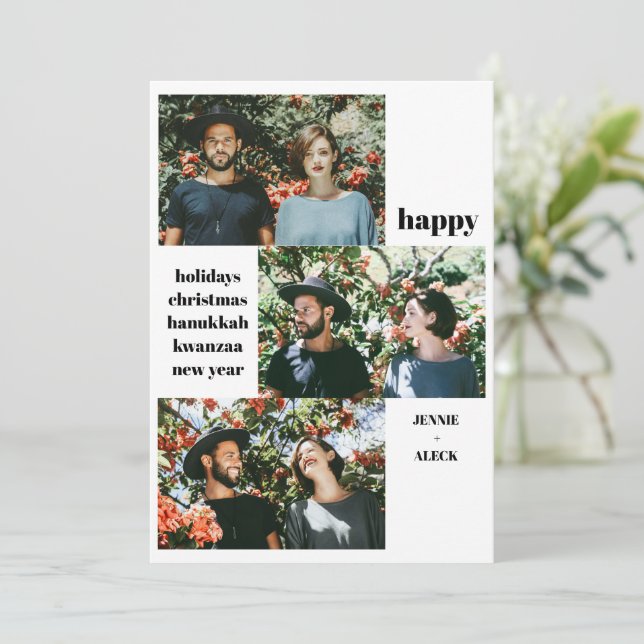 Cartes Pour Fêtes Annuelles Moderne Noël en noir et blanc avec 3 photos en col (Debout devant)