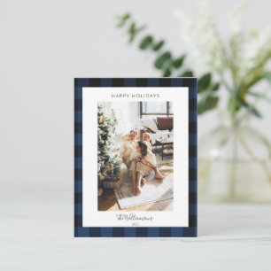 Cartes Pour Fêtes Annuelles Moderne Noël Photo Rustique à Carreaux Bleu Nuit